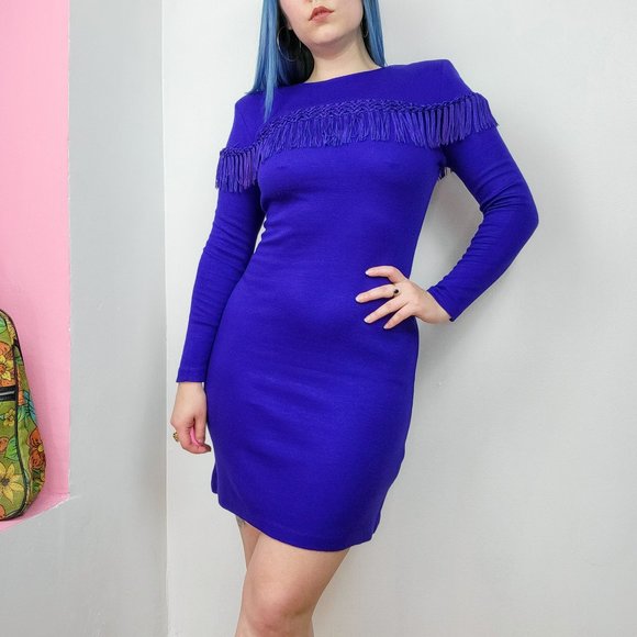 Vintage 80s/90s Indigo Purple Fringe Trim Bodycon Knit Mini Dress - Picture 1 of 7